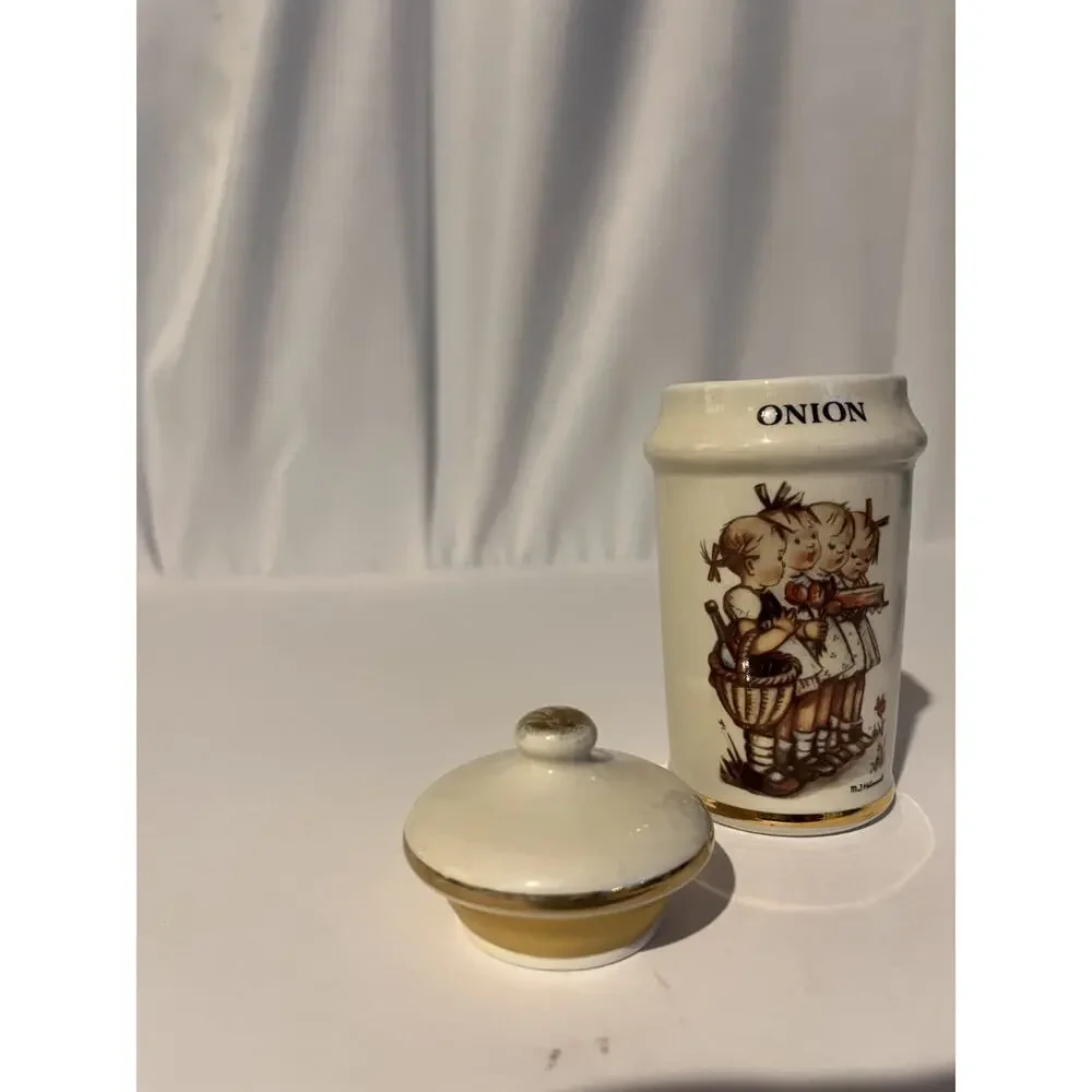 Vintage M.J. Hummel Onion & Garlic Porcelain Spice Jars Gold Trim Set of 2